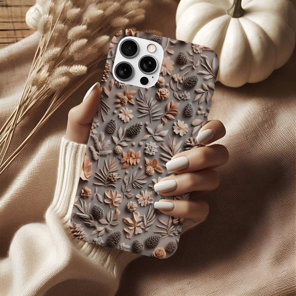 Monochrome Autumn Leaves 3D Carved Clay Effect Phone Case 17 16 15 14 13 12 11 Pro Max