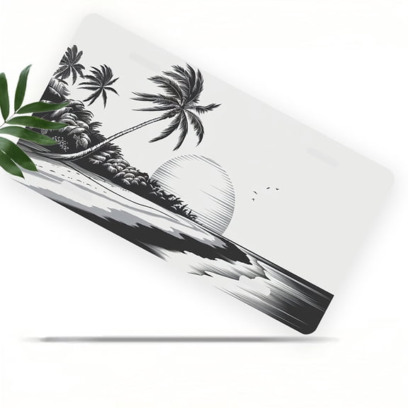 Monochrome Beach Palm Front License Plate, Metal License Plate, Funny Standard Plates Personalized Novelty Decorative For Men/Women/Boys/Girls Car 6×12 Inch
