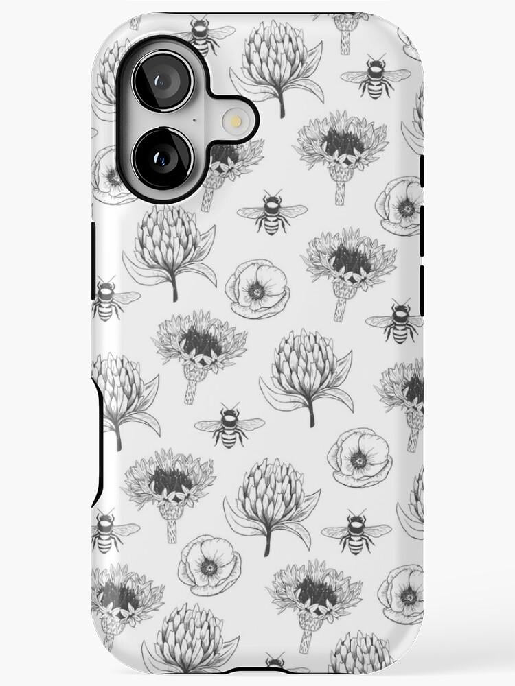 Monochrome Bees, Protea and Poppy Flowers Tough Case for Apple iPhone ...