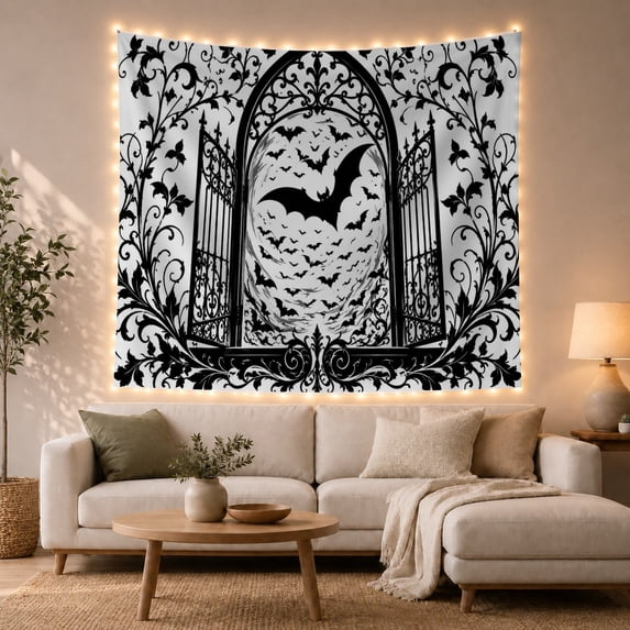 Monochrome Black Arched With Iron Gate At Its, Spooky Gothic for Gothic Decor Fans, Dark Art Decor Room Accent, Halloween Gift, Tapestry Wall Hanging for Bedroom and Dorm