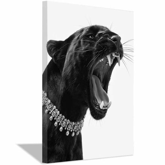Monochrome Black Panther Roaring Diamond Choker Minimal White Framed Canvas Print,Luxury Gothic Big Cat Ornament for Entryway Studio Ready to Hang-12"L x 8"W