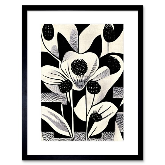 Monochrome Black White Abstract Retro Flower Pattern Artwork Framed Wall Art Print 9X7 Inch