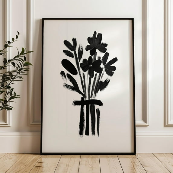 Monochrome Black And White Floral Wall Art Minimalist Flower Bouquet Print Contemporary Botanical Artwork For Modern Or Office Wall Art, Modern Wall Decor, 24x36 UNFRAMED