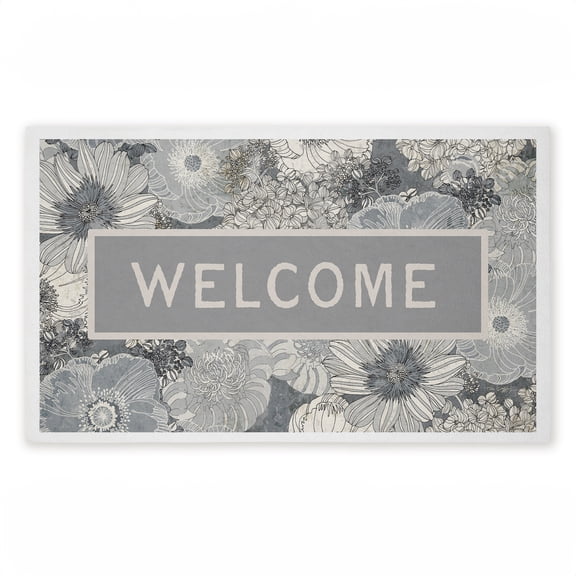 Monochrome Blooms Welcome Printed Outdoor Door Mat, design by Tim Coffey, 18"x30"