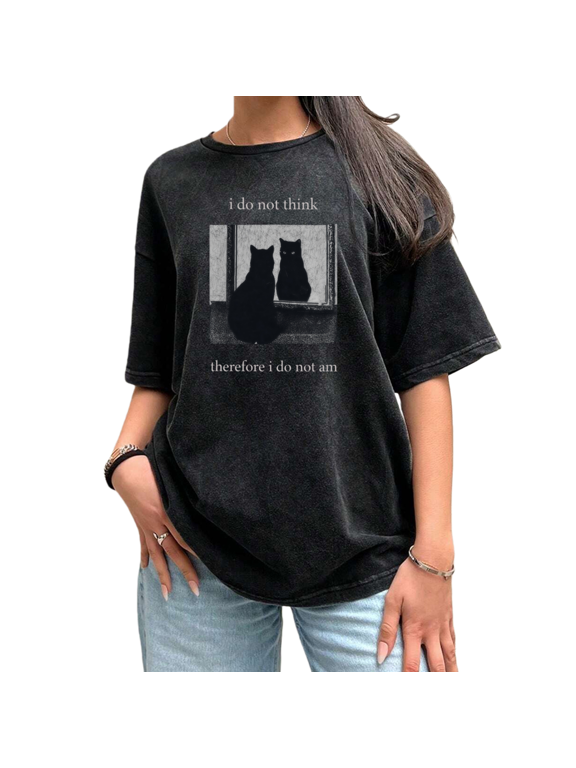 Monochrome Cat Reflection Graphic Tees Washed Black Shirts Print Tshirt Edgy Lover S-2XL Tops