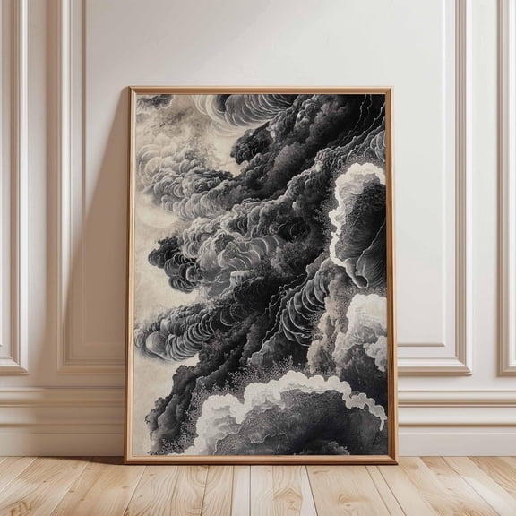 Monochrome Cloud Abstract Storm Black White Texture Wall Decor Unframed Paper Print