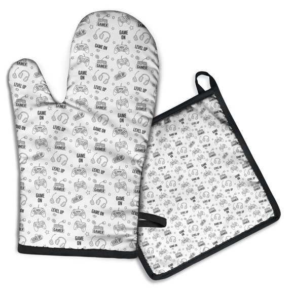 Monochrome Controllers Games Icons White Pattern Kitchen Oven Mitt and Pot Holder Sets 2 Pcs for Baking, Cooking and Grilling, Heat Resistant Up To 392 °F