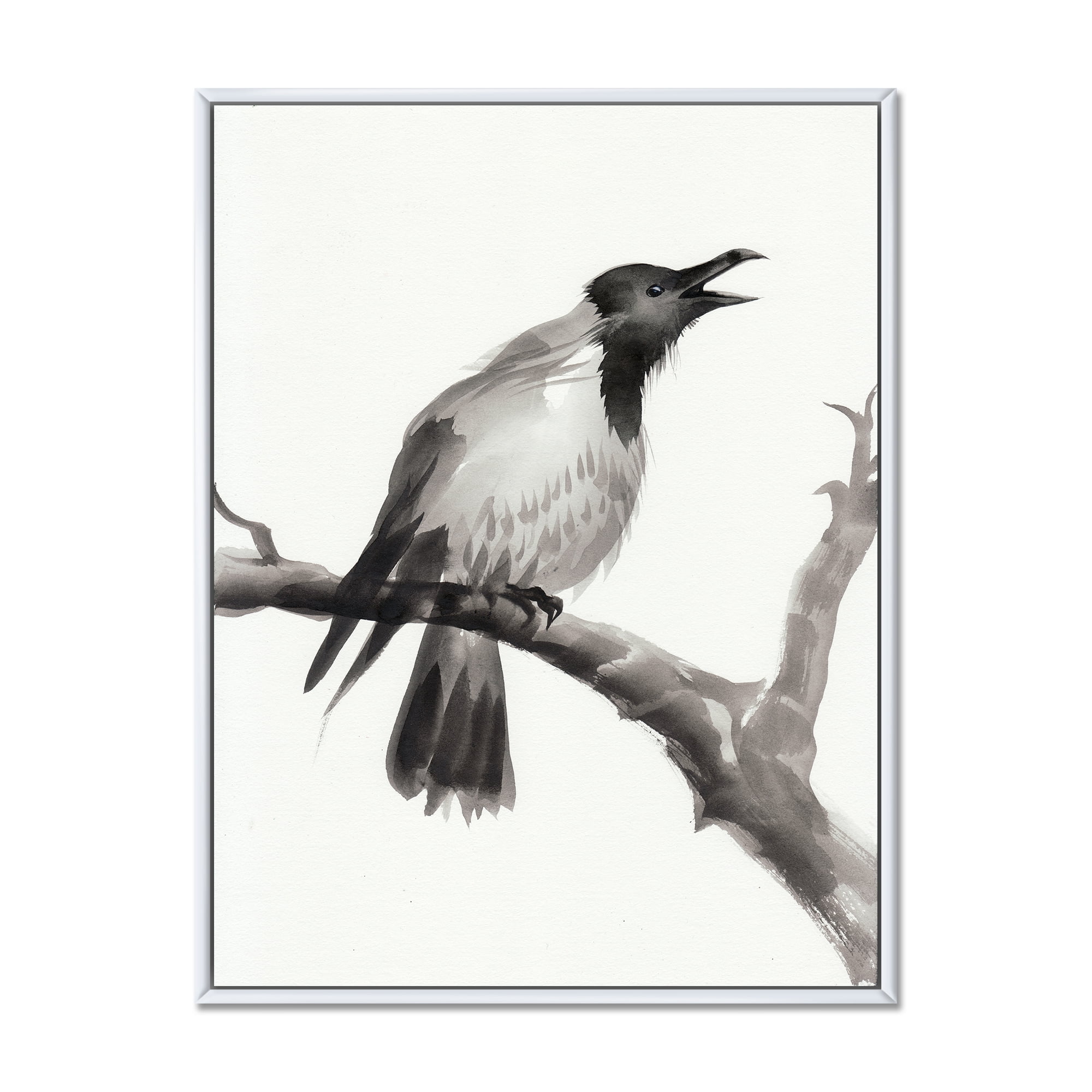 Monochrome Crying Crow On A Branch 12 in x 20 in Framed Painting Canvas Art Print, by Designart