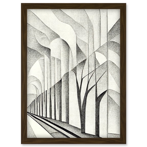 Monochrome Cubism Tree Tunnel Path Perspective Illustration Artwork Framed Wall Art Print A4