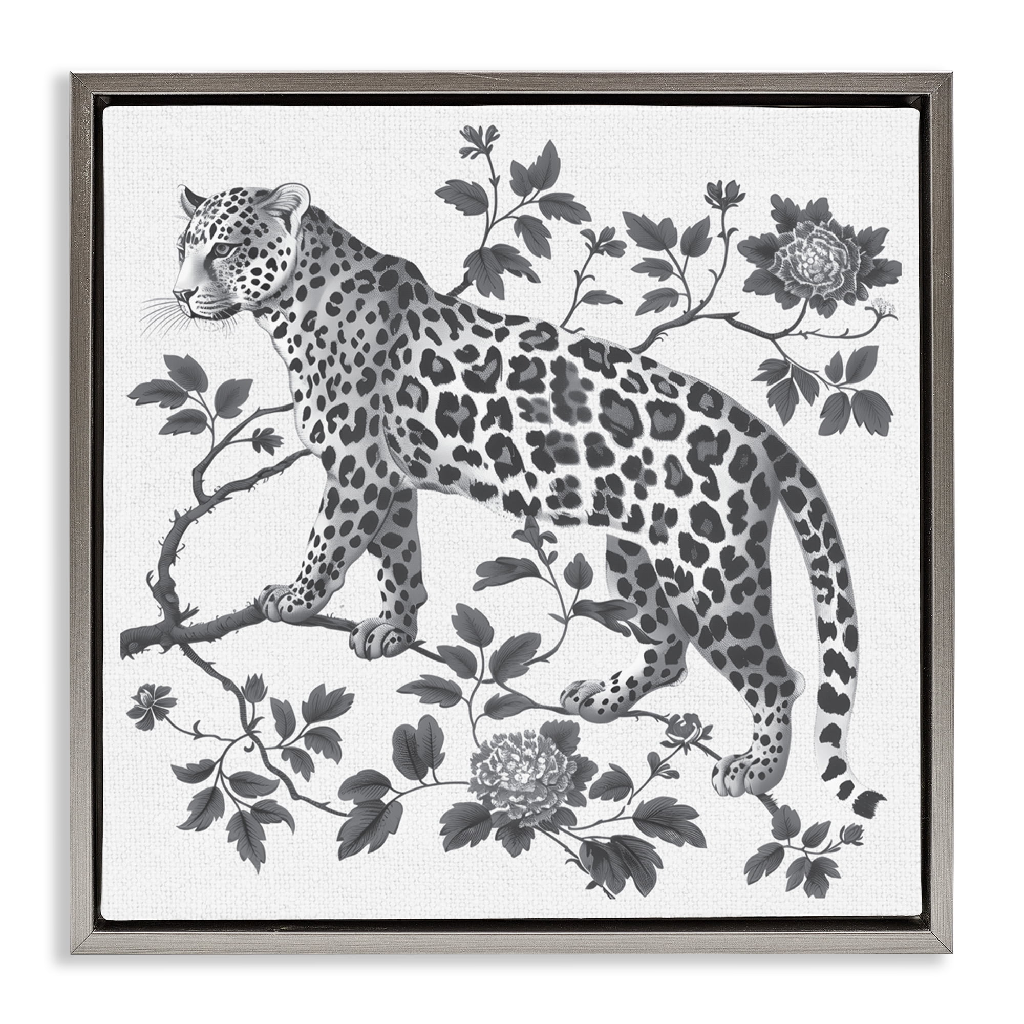 Monochrome Detail Leopard Gray Framed Floater Canvas Wall Art, design by Lettered and Lined
