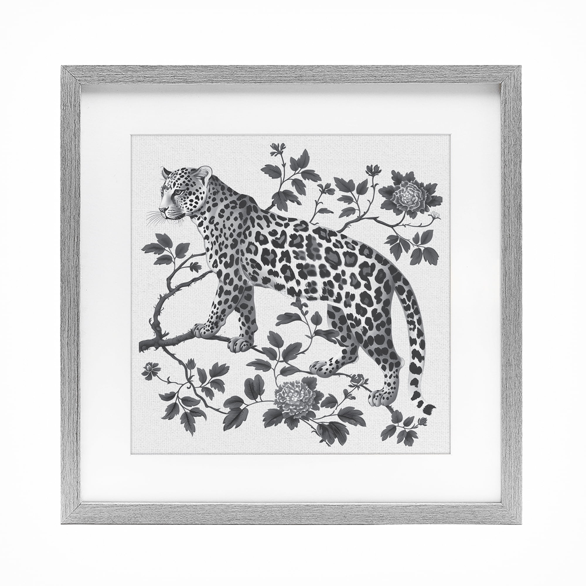 Monochrome Detail Leopard Gray Framed Print Under Glass, design by Lettered and Lined