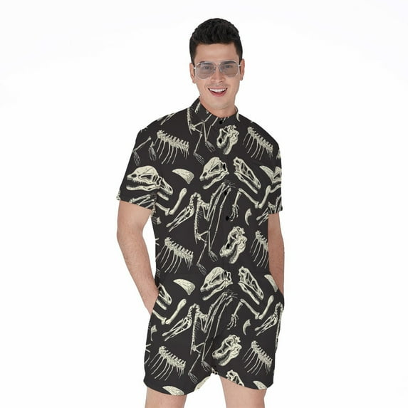 Monochrome Dinosaur Fossil Pattern Short Sleeve Men'S Rompers, Dinosaur Casual Summer Jumpsuits Outfit