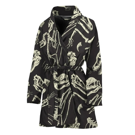Monochrome Dinosaur Fossil Pattern Women Bathrobe One Size Univeral Fits, Dinosaur Fashion Lightweight Plush Fleece Long Robe For Women