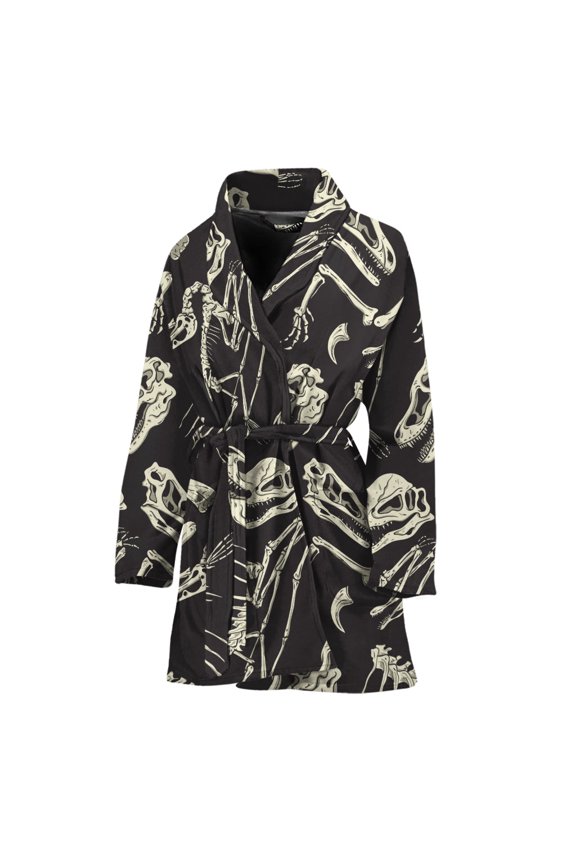 Monochrome Dinosaur Fossil Pattern Women Bathrobe One Size Univeral Fits, Dinosaur Fashion Lightweight Plush Fleece Long Robe For Women