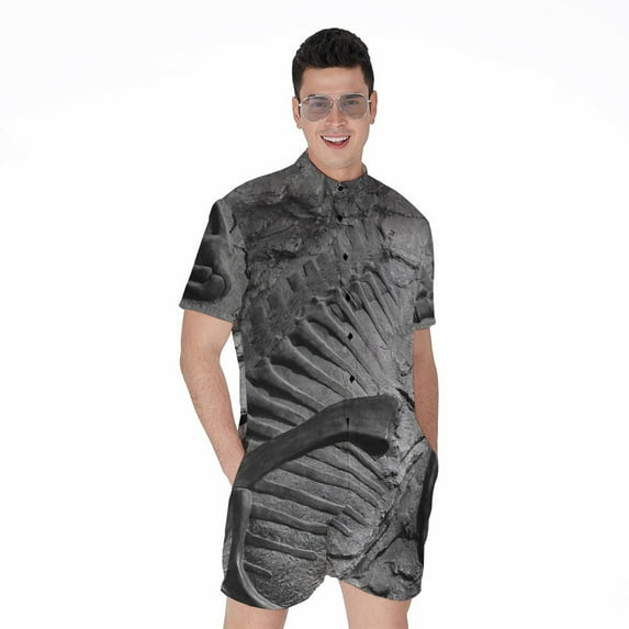 Monochrome Dinosaur Fossil Short Sleeve Men'S Rompers, Dinosaur Casual Summer Jumpsuits Outfit