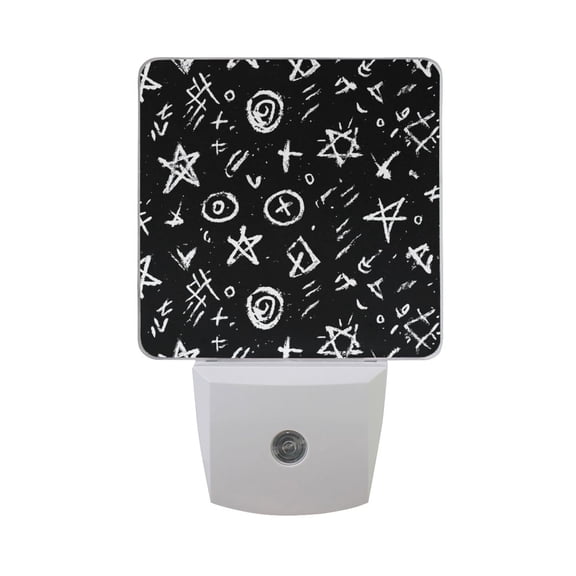 Monochrome Doodle Pattern Graffiti LED Night Light Sensor Lamp Plug-in Adjustable Brightness 2 Pack