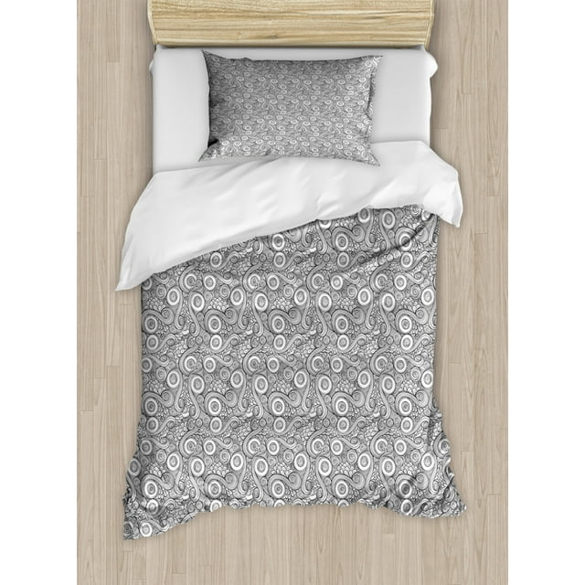 Monochrome Duvet Cover Set Twin Size, Doodle Composition with Swirls and Curves Nature Themed Petals, Decorative 2 Piece Bedding Set with 1 Pillow Sham, Charcoal Grey and White, by Ambesonne