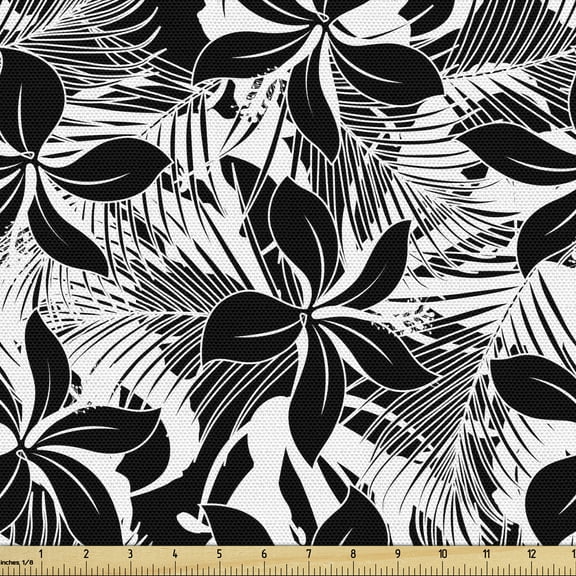Monochrome Fabric by the Yard, Exotic Summer Time Hibiscus Flowers Jungle Leaves Tropical Nature, Decorative Upholstery Fabric for Sofas Home Accents, 10 Yards, Charcoal Grey White by Ambesonne