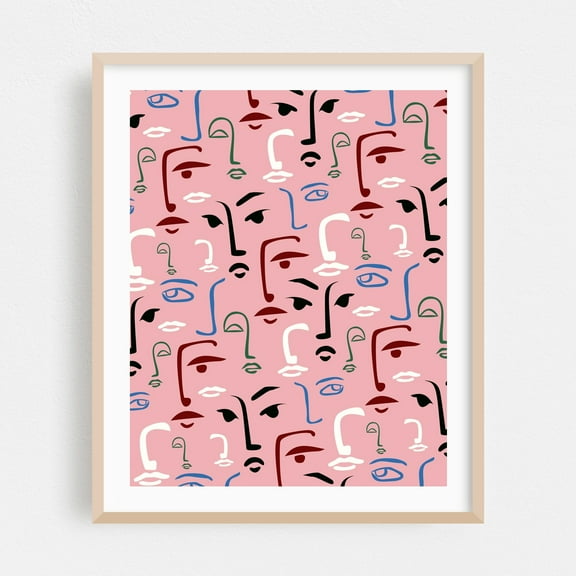 Monochrome Faces - India Line Drawing Abstract Minimalist Line Art Modern Art Pop Art Pattern Geometric Oak Framed Wall Art Print 6 x 8 inches