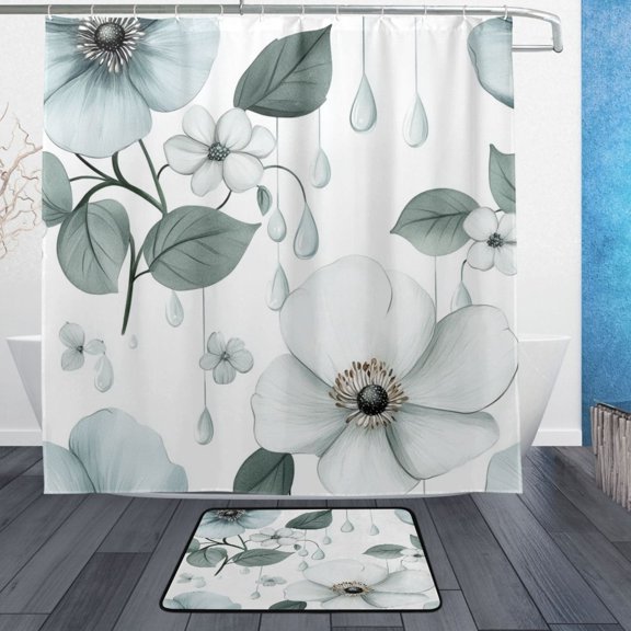 Monochrome Floral Art Bathroom Accessory Sets Waterproof Shower Curtain with Anti-Slip Bath Mat Durable Combo