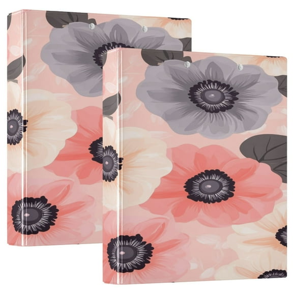Monochrome Floral Design 12.4x10.6in PVC Round Ring Binder, D-Ring 3-Hole, Metal Clip, 200 Sheets