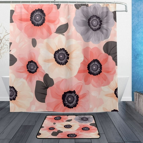 Monochrome Floral Design Bathroom Accessory Sets Waterproof Shower Curtain with Anti-Slip Bath Mat Durable Combo