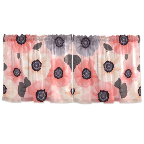 Monochrome Floral Design Tier Curtains for Kitchen 57x36 Inch Semi Sheer Light Filtering Half Window Curtains 2 Panels