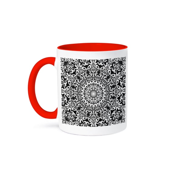 3drose, Monochrome Floral Geometrical Mandala - Abstract Bohemian Design, 15oz Two-tone Red Mug