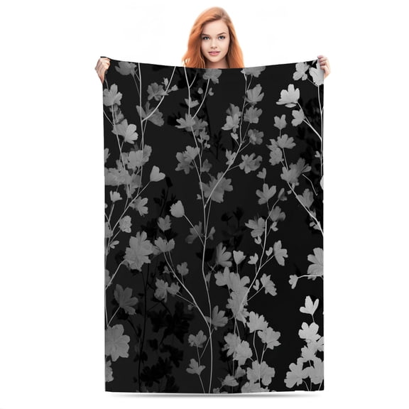 Monochrome Floral Lightweight Flannel Printed Blanket - Ultra Soft & Warm, All-Season Cozy Plush for Couch, Bed, Office, Camping Nap - Perfect Decorative Gift