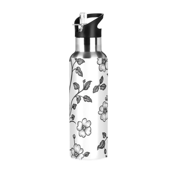 Monochrome Florals and Leaves Sports Bottle with Straw Stainless Steel Water Jug Portable Thermal Cup Leak-proof 600ML