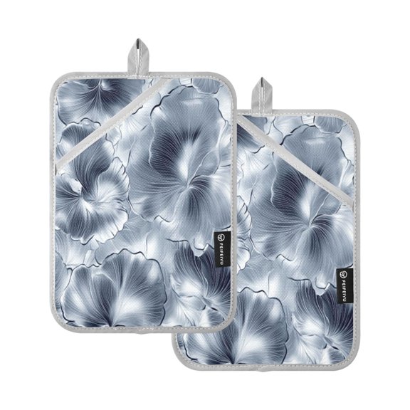 Monochrome Flower Pattern 7x9.8in Pot Holder Set Heat-Resistant Oven Hot Pads Durable with Storage Loop