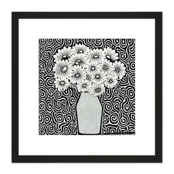 Monochrome Flowers In Vase Sixties Black White Swirls Retro Painting Square Wooden Framed Wall Art Print Picture 8X8 Inch