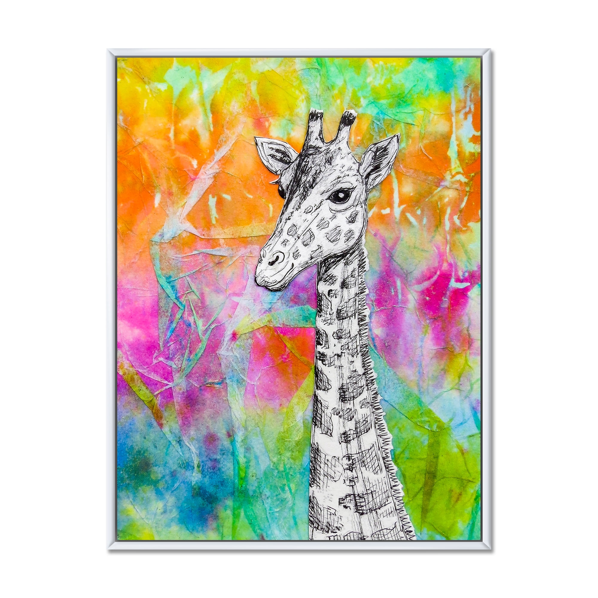 Monochrome Giraffe Drawing On Bright Rainbow 12 in x 20 in Framed Painting Canvas Art Print, by Designart
