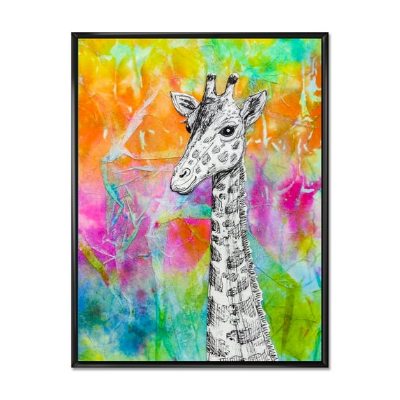 Monochrome Giraffe Drawing On Bright Rainbow 12 in x 20 in Framed Painting Canvas Art Print, by Designart