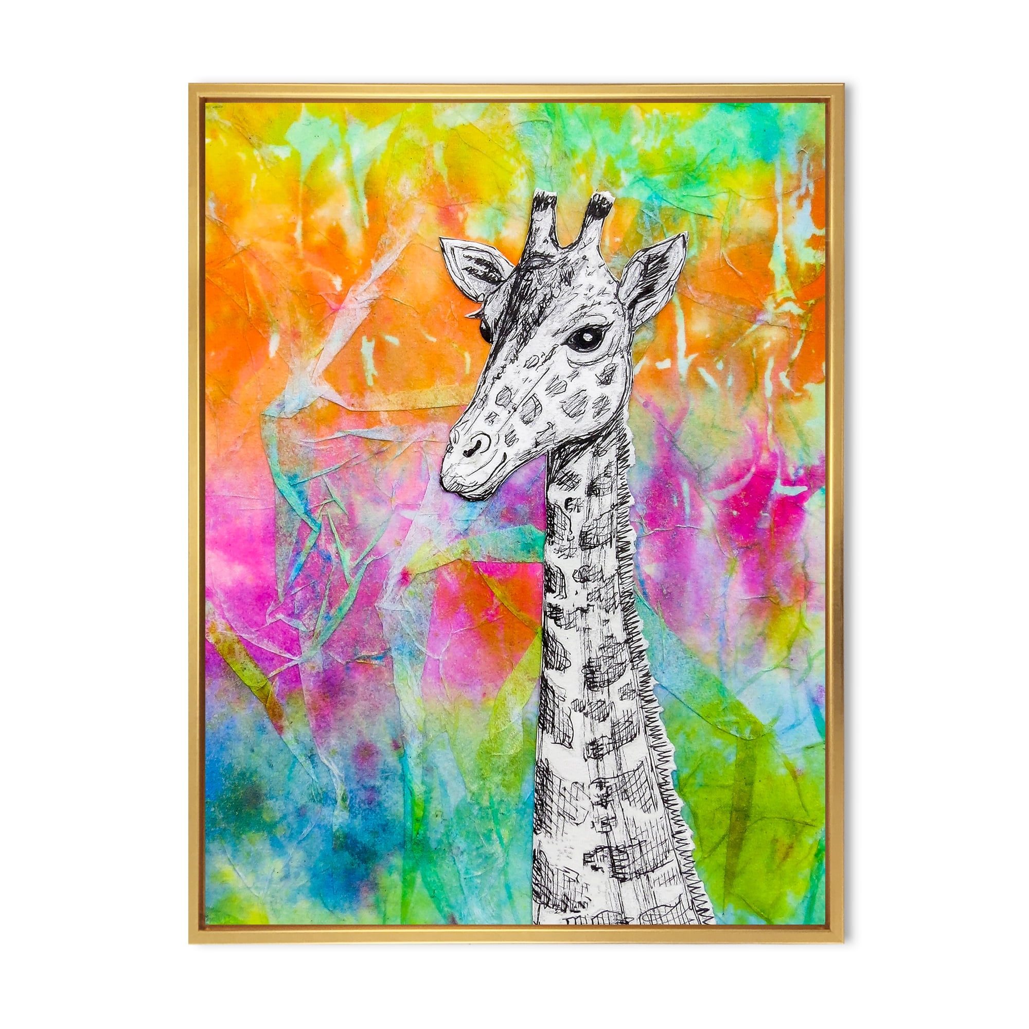 Monochrome Giraffe Drawing On Bright Rainbow 16 in x 32 in Framed Painting Canvas Art Print, by Designart