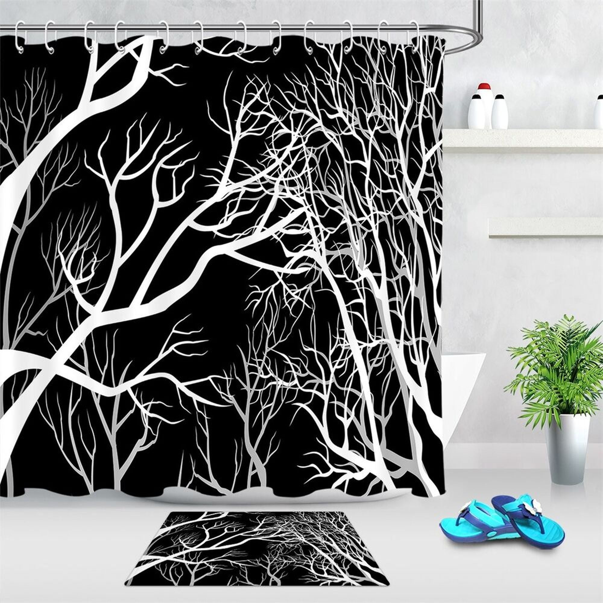 Monochrome Harmony Abstract Tree Branch Shower Curtain Set for Stylish
