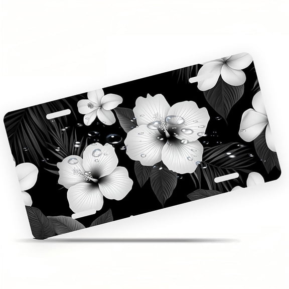 Monochrome Hibiscus Pattern Funny Personalized License Plate Rust-proof Stainless Steel Metal License Plate Suitable For Men And Women 12.2" x 6.2"