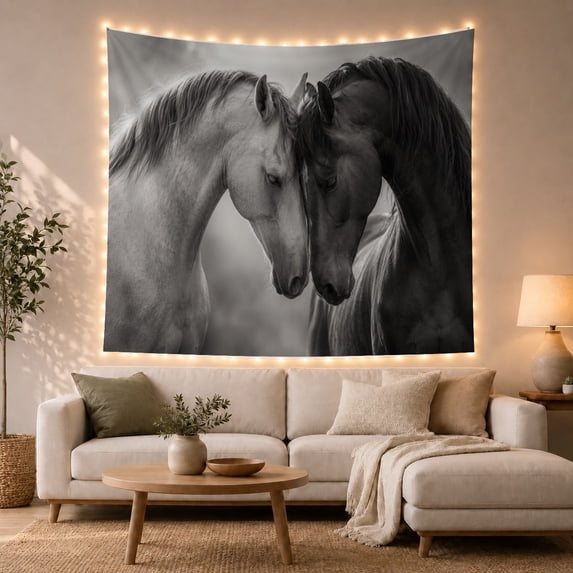 Monochrome Horses Intimate with Photographic Horse Left Shade, Mystical Fantasy for Space Lovers, Galaxy Room Decor, Housewarming Gift, Tapestry Wall Hanging for Bedroom and Dorm