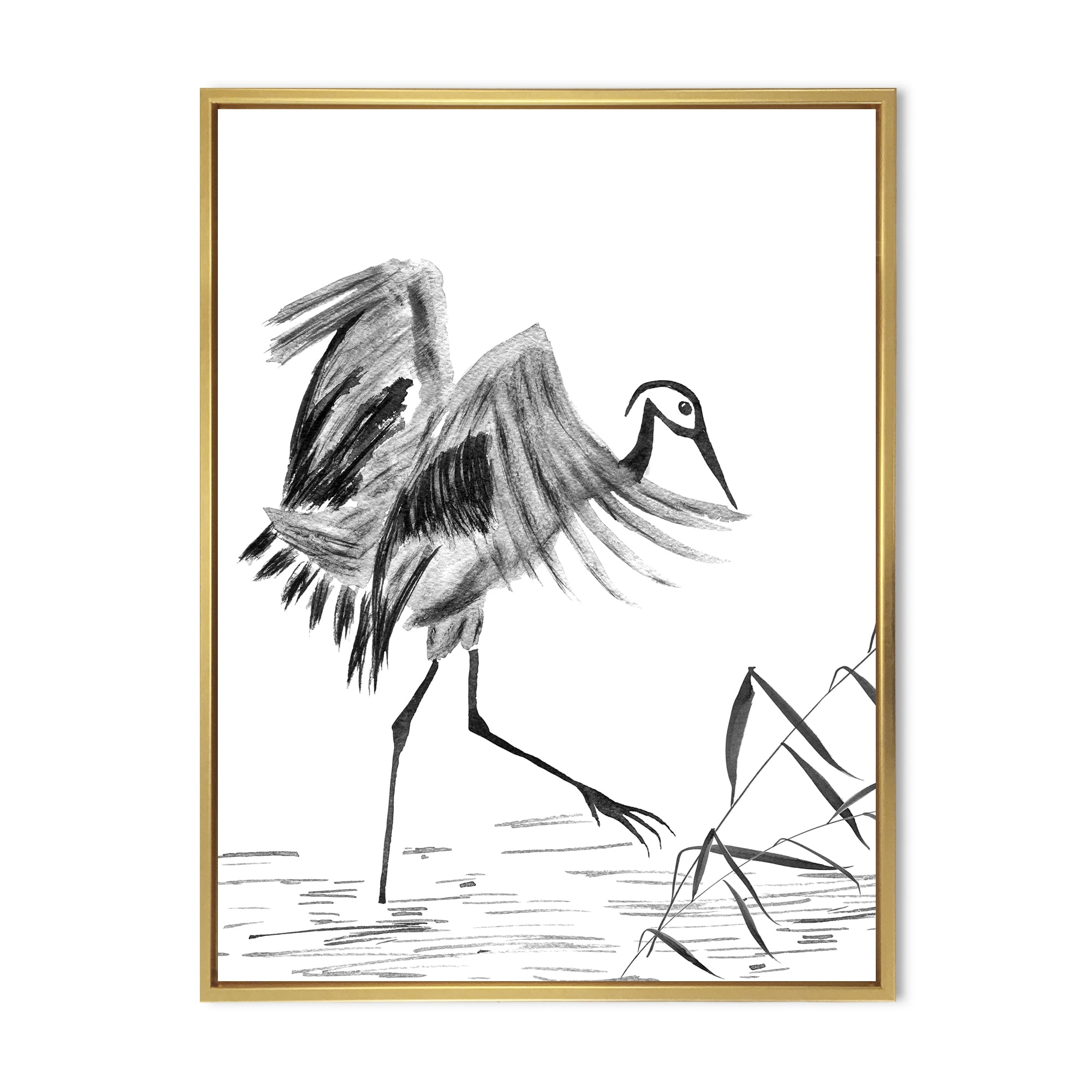 Monochrome Japanese Oriental Crane Bird 16 in x 32 in Framed Painting Canvas Art Print, by Designart