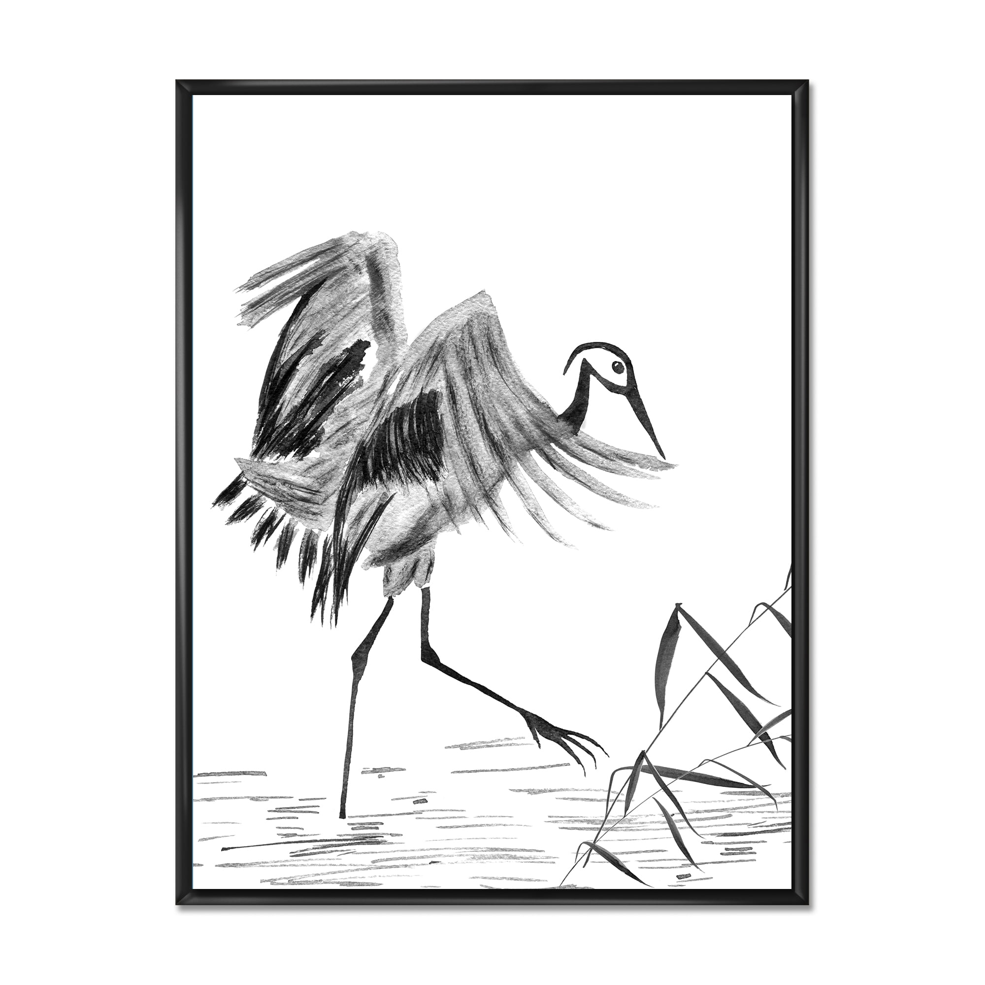Monochrome Japanese Oriental Crane Bird 30 in x 40 in Framed Painting Canvas Art Print, by Designart