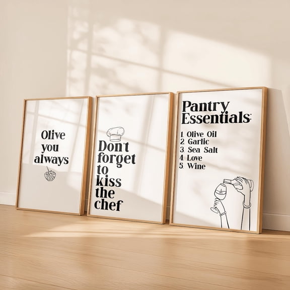 Monochrome Kitchen Wall Art Minimalist Olive You Always Kiss the Chef Pantry, Poster Only