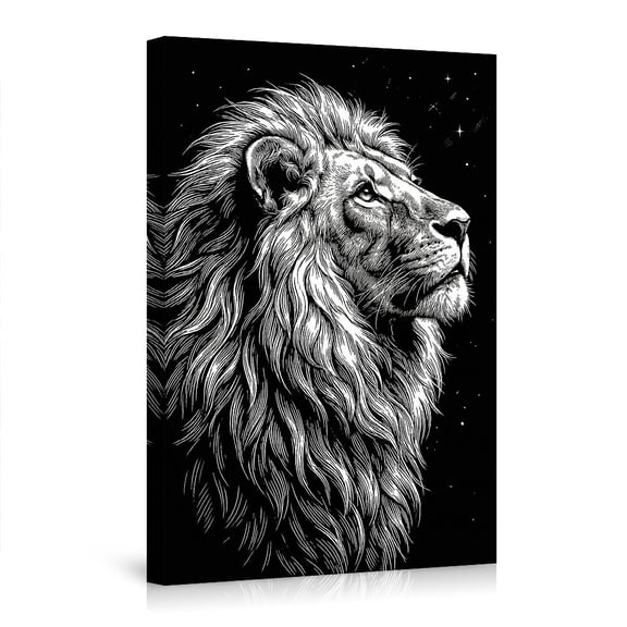 "Monochrome Lion Head" Canvas Wall Art, Black & White Starry Background, Modern Animal Decor for Living Room, Bedroom & Modern Home