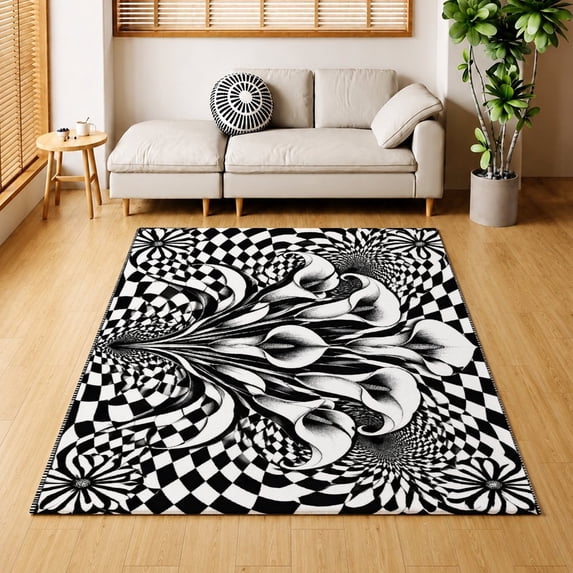 Monochrome Lotus Damask Area Rug Thin Low Pile Velvet Carpet for Living ...