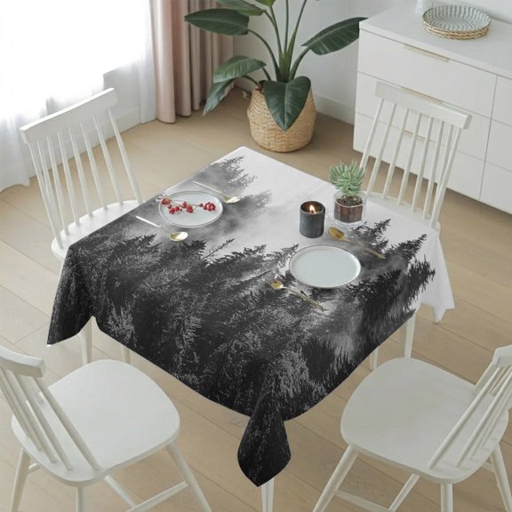 Monochrome Misty Natural Forest Table Cloth 54x54in, Waterproof Square Tablecloth Wipeable Tablecloths Foggy Tree Woodland Scenery Table Covers for Dining Tables Party Indoor Outdoor