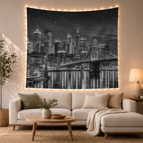 Monochrome Nighttime Cityscape With Art Scene, Mystical Fantasy for Space Lovers, Galaxy Room Decor Room Accent, Christmas Gift, Tapestry Wall Hanging for Bedroom and Dorm