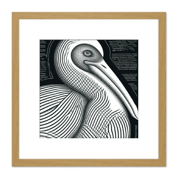 Monochrome Pelican Bird Black White Charcoal Drawing Square Wooden Framed Wall Art Print Picture 8X8 Inch