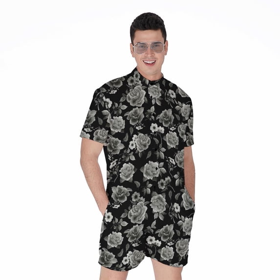 Monochrome Rose Floral Pattern Short Sleeve Men'S Rompers Casual Summer Jumpsuits Outfit