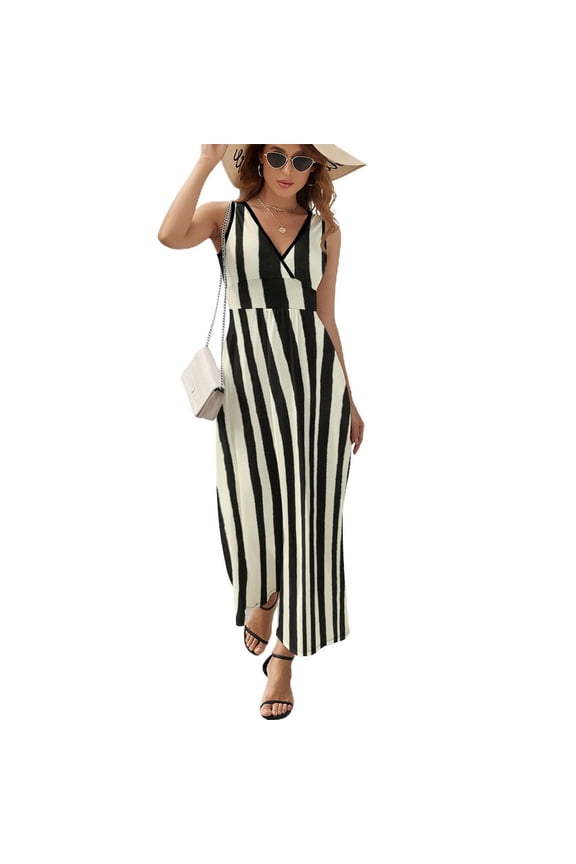 Monochrome Scandinavian Zebra Stripes Pattern in Black & Beige Sleeveless Dress women's clothing korea stylish