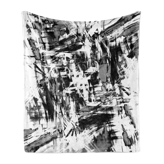 Monochrome Soft Flannel Fleece Throw Blanket, Old Grunge Style Abstract Art with Brushstrokes Chaos Image Print, Cozy Plush for Indoor and Outdoor Use, 70" x 90", White Black and Grey, by Ambesonne