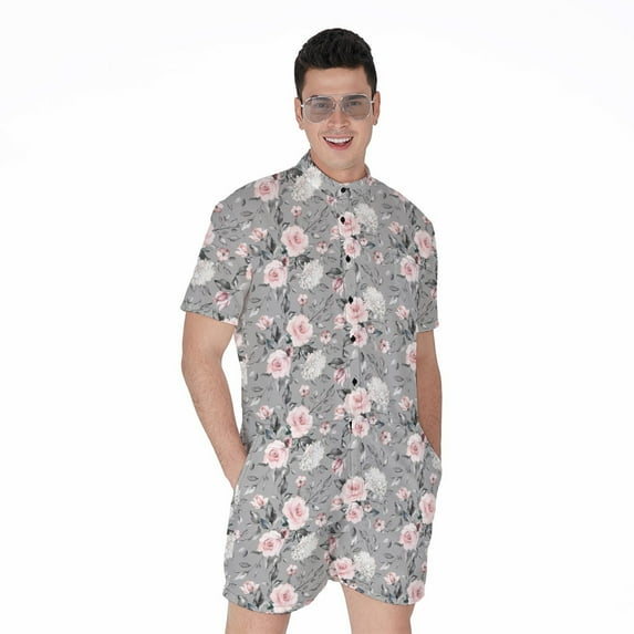 Monochrome Spring Floral Short Sleeve Men'S Rompers Casual Summer Jumpsuits Outfit